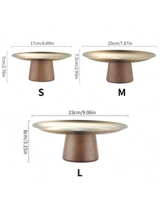 Three-piece set of wooden and brass dessert stands with detailed size measurements