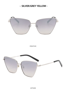Front and 45-degree side views of silver metal Y2K cat-eye sunglasses with gradient lenses