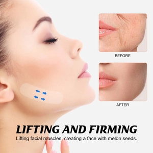 Detailed view of invisible face lifting tape, breathable skin-friendly material for jawline.