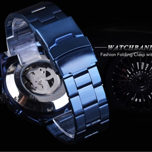 Skeleton automatic mechanical watch with blue metal band and luxury transparent case back