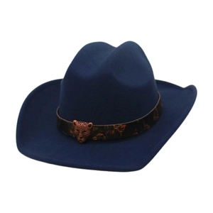 Cappello da cowboy western blu scuro in feltro di lana con fascia in pelle leopardo