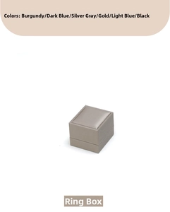 Brushed silver-gray PU leather ring box shown in a square flip-top jewelry display