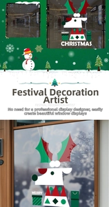 Detailed view of Merry Christmas reindeer window decals with geometric tree patterns