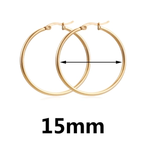 Minimalist 15mm gold-colored stainless steel hoop earrings for women with high-gloss finish