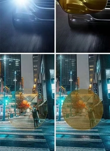 Detailed comparison showing yellow night vision lenses with anti-glare and brightening tech