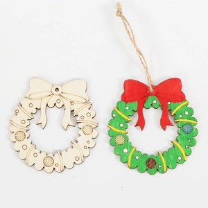DIY unfinished and painted wooden Christmas wreath ornaments set with hanging twine strings