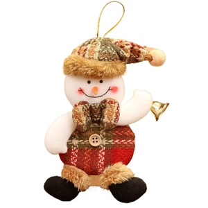 Plush Christmas snowman ornament with red plaid hat and bell on wooden base
