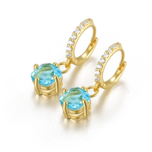 Detail of S925 sterling silver hoop earrings with blue square zircon and micro-pave crystals