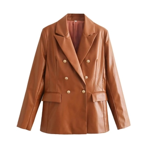 Detail of a brown PU leather blazer featuring double-breasted gold buttons and size S tag