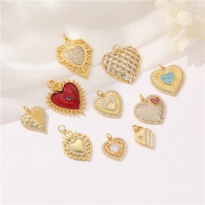 Heart Shape Pendant Copper Gold Plated With Micro Pave Cubic Zirconia For DIY Necklace Jewelry Making Sacred Heart Style