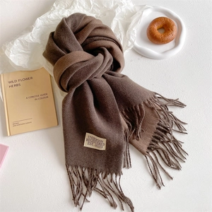 Detail of soft brown cashmere-feel scarf with tassels and stitched brand label