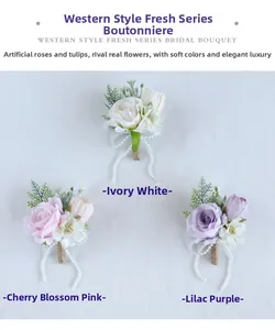 Detail of faux rose and tulip wedding boutonniere set with rustic jute twine wrap