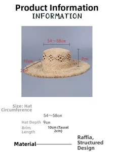 Information display of raffia straw sun hat with 10cm brim and fringe detail