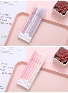 Detail showing two sets of Morandi color gel pens in purple and pink minimalist gift boxes