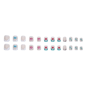 Pink and blue press-on nails set with heart patterns, 3D bows, and glitter gradients