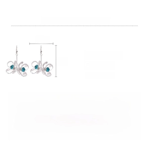 Detailed size chart and material specs for floral acrylic earrings with blue stones