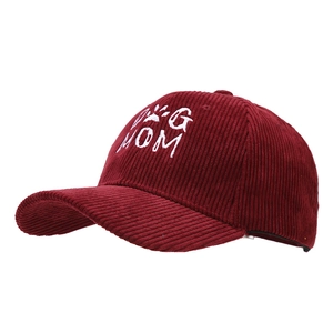 Corduroy baseball cap in wine red with DOG MOM embroidery and paw print design