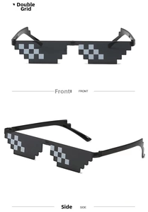 Front and side view of classic black pixel mosaic party sunglasses in double-row design