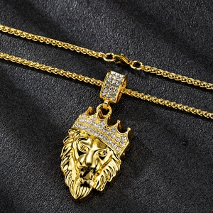 Hip hop gold lion head pendant necklace with rhinestones and twisted chain for men