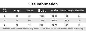 Detailed size chart for vintage printed two-piece set including top and pants measurements