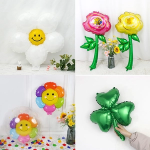 Collage of colorful floral aluminum foil balloons including daisies and sunflowers