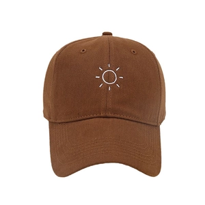 Brown cotton baseball cap with white sun embroidery and curved brim for men and women