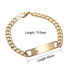 Detail of a 40mm gold-plated stainless steel ID plate on a Cuban chain bracelet