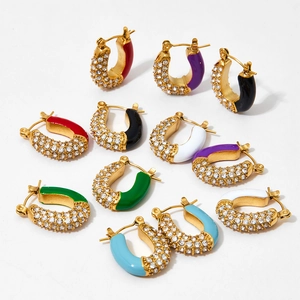Fashionable gold U-shaped hoop earrings with colorful enamel and sparkling zircons