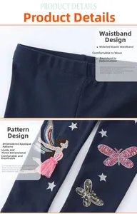 Detail of wide elastic waistband and sequined embroidery on navy blue girls' leggings