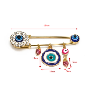Detailed size chart of evil eye safety pin brooch with blue nazar and strawberry charms