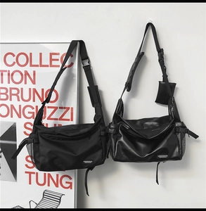 Comparison showing nylon and PU leather textures of minimalist black crossbody bags