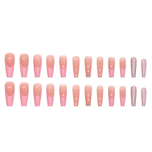 French ballerina press-on nails set with pink glitter and rhinestone accents