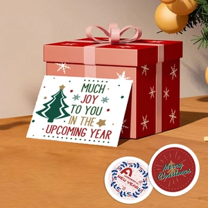 Christmas greeting card with cute cartoon stickers and red ribbon gift box decor