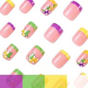 Short French glossy press-on nails with pastel colors and hand-painted floral patterns