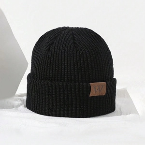 Classic black knitted beanie with a leather W patch, warm winter hat for men and women
