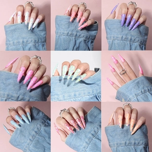 Long Stiletto Press On Nails Glitter Colorful Sequins Artificial False Nails For Manicure