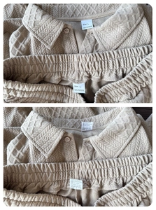 Detailed view of collar size label and elastic waistband on beige waffle knit polo set