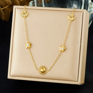 Golden stainless steel sun moon and star pendant necklace set with crystal accents