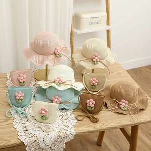 Sweet floral straw sun hat and matching crossbody bag set for kids in various colors