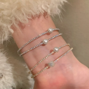 French style double-layer pearl and zircon open bracelets in gold and silver finish