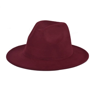 Flat brim burgundy wool felt fedora featuring a classic indented crown and minimalist design