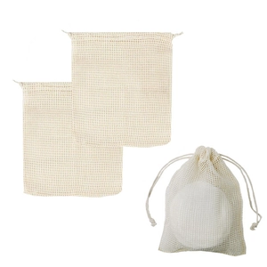 Set of 3 organic cotton mesh bags for fruit storage with drawstring closure system