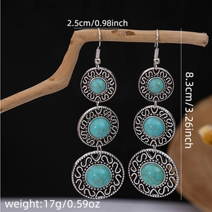 Macro shot of boho turquoise triple-hoop earrings with detailed size and weight specs