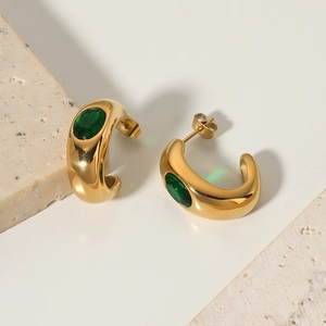 Minimalist 18K gold plated stainless steel C-shaped earrings with green zircon accents