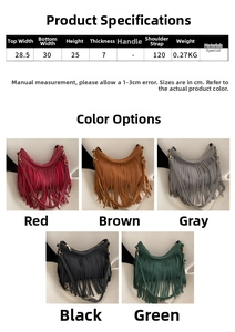 Size chart and dimensions for fringe shoulder bag in five vintage color options