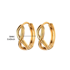 Detail view of 11mm gold infinity knot earrings with inner diameter measurements