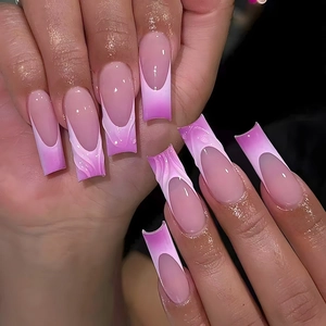 Press On Nails French Gradient Pink Purple Ombre Long Coffin Square Shape Glossy Marble Water Ripple Texture Artificial Fake Nails