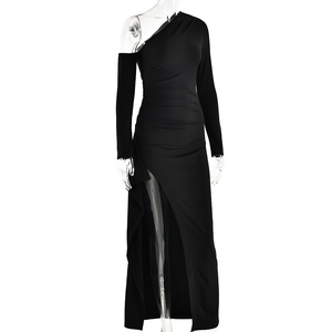 Detail of sexy black one-shoulder long sleeve dress featuring a high side slit design