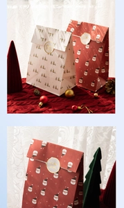 Close-up of Santa Claus and Christmas tree paper gift bags with festive seal stickers