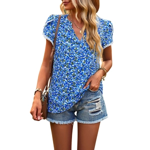 Women's V-neck floral short sleeve t-shirt in blue floral print with denim shorts